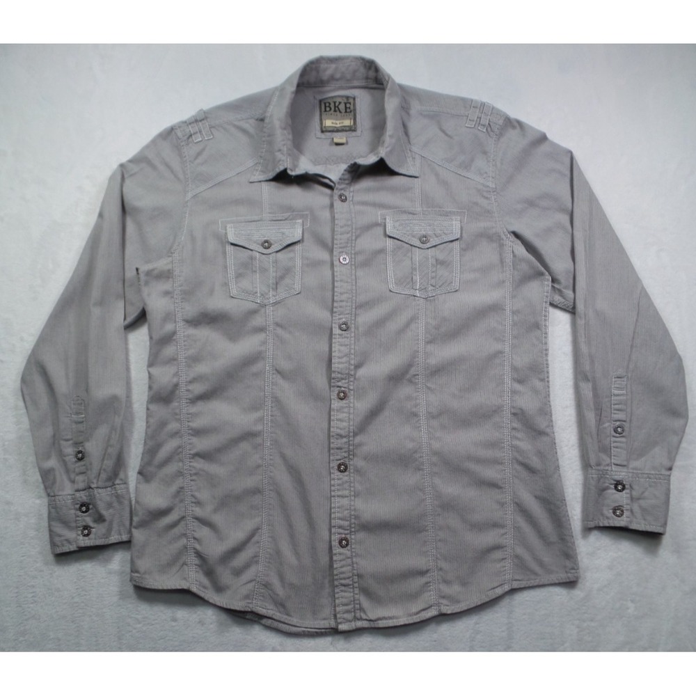 BKE Shirt Mens Size Extra Large Gray Striped Slim Fit Button Up Long Sleeve
